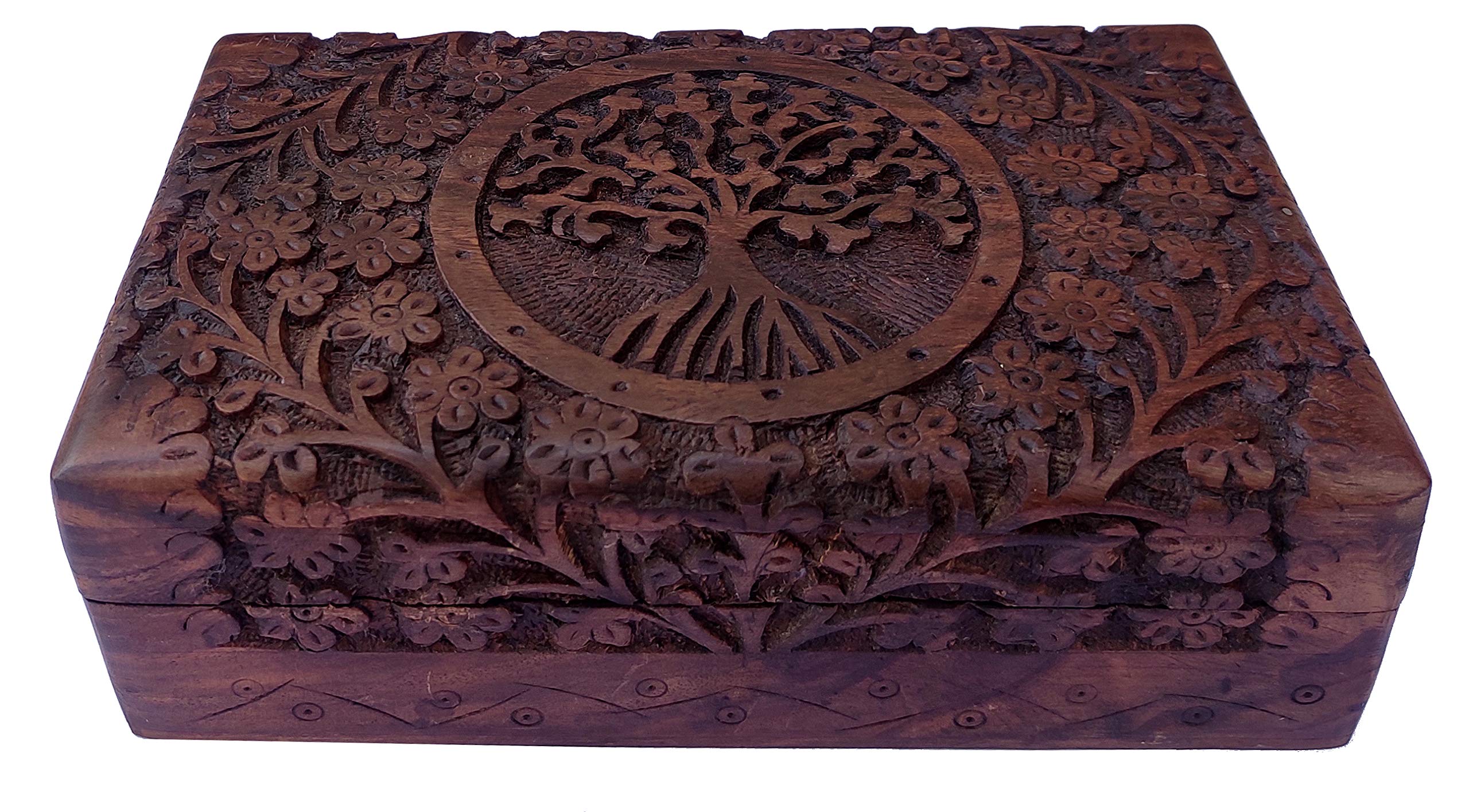 Purpledip Wooden Jewellery Box 'Tree of Life': Handcarved Intricate Design (12235)