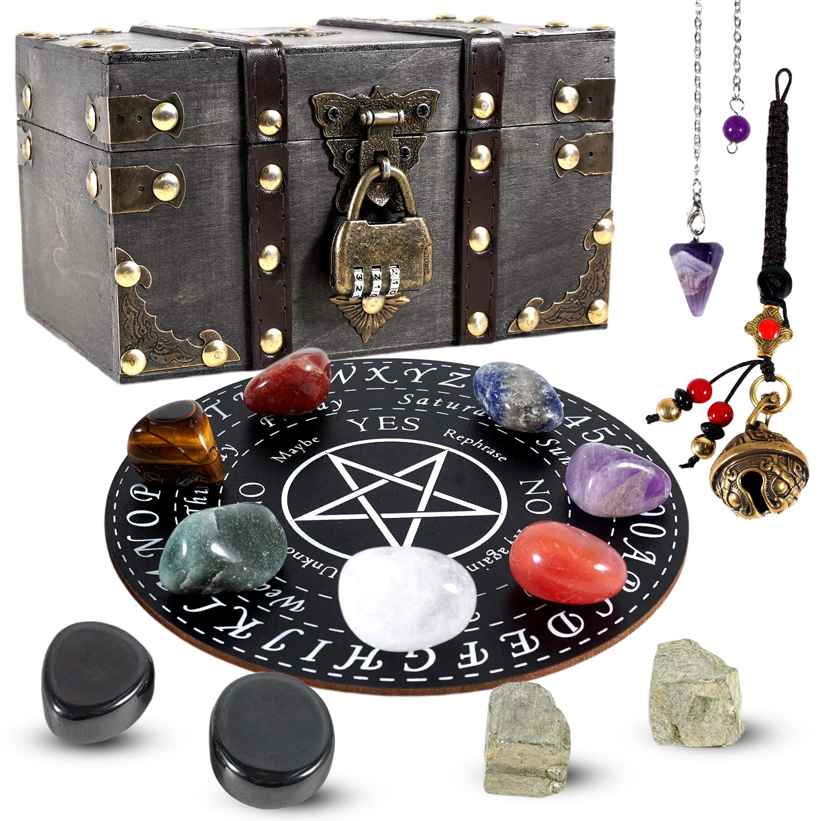 soulnioi 15pcs Healing Crystal Set with Wooden Box for Beginners: 7 Chakra Tumble Stones, Amethyst Pendulum, Hematite, Pyrite, Bell Pendant, Star Pendulum Board, for Meditaion, Dowsing, Divination