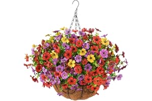 HOMMYEA Artificial Flowers Hanging Baskets, Multicolor 12 Bundles Faux Flower Outdoor Hanging Basket Spring Summer Decoration, Fake Flowers Plants for Porch Patio Balcony Home Yard Decor(Mixd1)