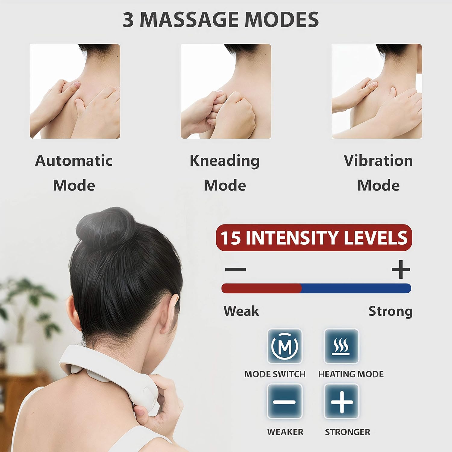 Intelligent Neck Massager with Heat - Deep Tissue Massager for Neck Pain Relief, 3 Modes 15 Speeds Ergonomic Handheld Massager, Electric Pulse Neck Massage for Women and Men (White): Health & Personal Care