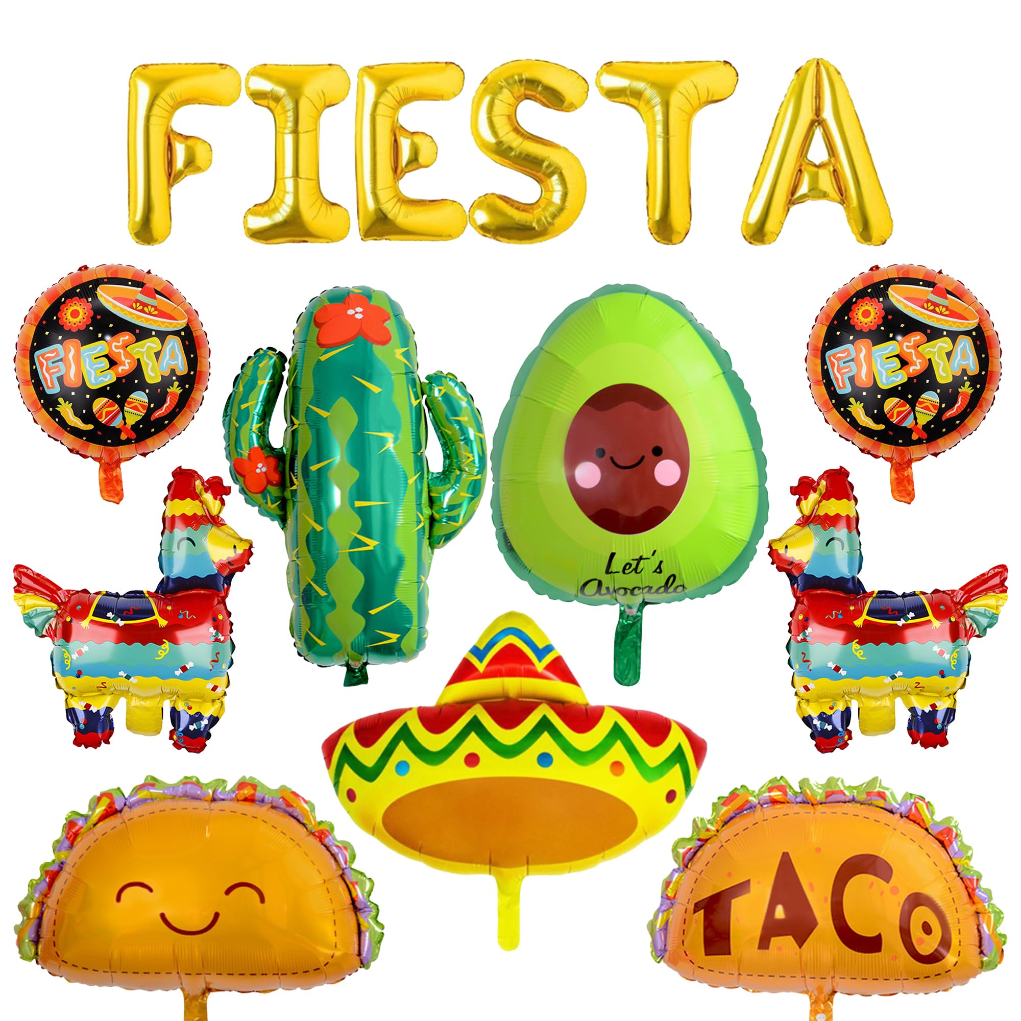 Fiesta Balloons for Fiesta Party Decorations, 14pcs Cinco De Mayo Balloons Taco Cactus Llama Avocado Foil Balloon Mexican Party Papel Picado Banner for Taco Luau Decorations