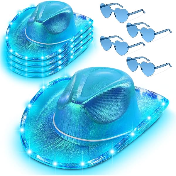 9897 12 Pcs Led Cowgirl Cowboy Hat Set Include 4 Light Up Hats 4 Bandanas 4 4/6/8/10/12/16Pcs LED Cowboy Hats Bulk for Wedding Lighting  main image 4