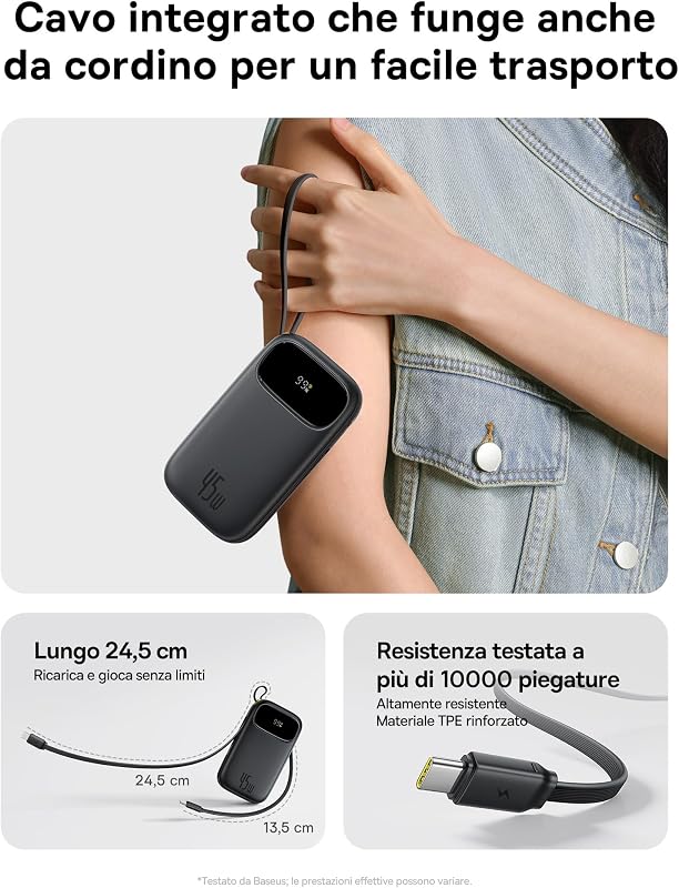 Powerbank 45W 20000mAh con 2 Cavi USB-C Integrati, Ricarica Rapida Power Bank PD3,0 QC4,0, 3 C 1 A, Caricatore Portatile per iPhone 16/15/14 Pro Max, iPad, Samsung, Nero
