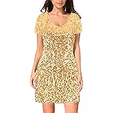MANER Women's Sequin Glitter Short Sleeve Dress Sexy V Neck Mini Party Club Bodycon Dresses