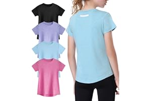 EXARUS 4 Pack Girls Athletic Shirts Quick Dry Shirts Short Sleeve T Shirts Tee Workout Activewear Tops for Tween