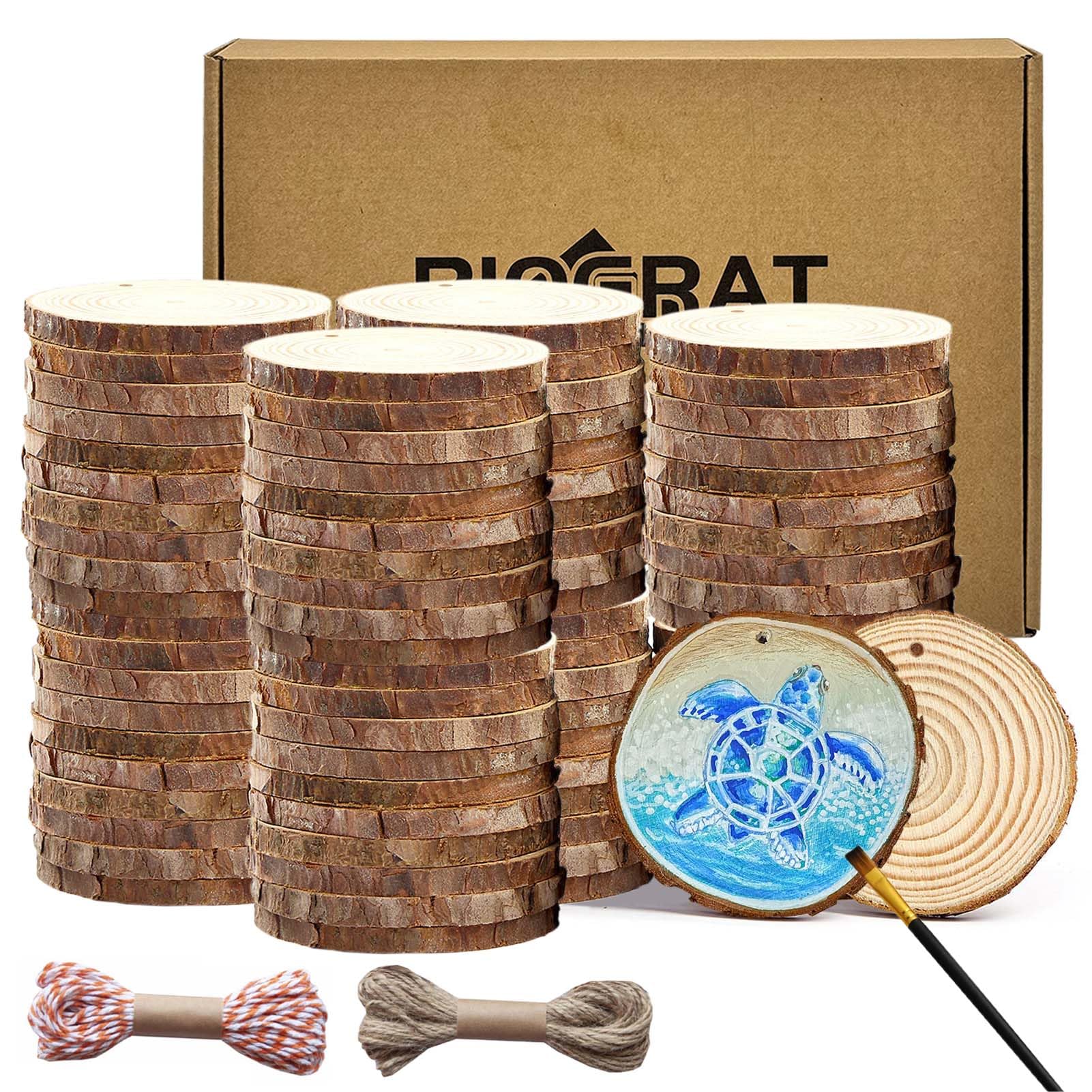 BIOGRAT Wood Slices for Crafts 5-6cm, 80 Pcs Wooden Discs with 2 Ropes pre-drilled, 0.5cm Thick for Craft DIY Christmas Ornaments