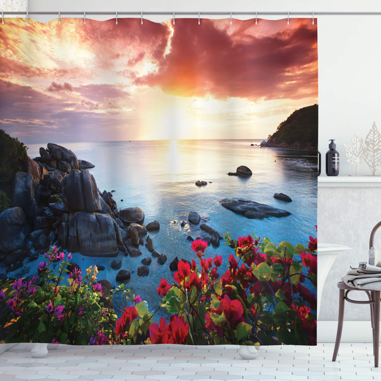 ABAKUHAUS Beach Shower Curtain, Poppy and Carnation Blossoms Spring Season Seascape Tranquil Thailand Beach Image, Cloth Fabric Bathroom Decor Set with Hooks, 86 Inches Extra Long, Multicolor