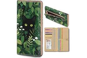 Immaturus Womens Wallet, Black Cat Leaf Slim Thin RFID Blocking Credit Card Wallets, Long Bifold PU Leather Card Holder Organizer, Cute Cash Clutch Billfold with Zipper Coin Pocket Ladies Girls Gift