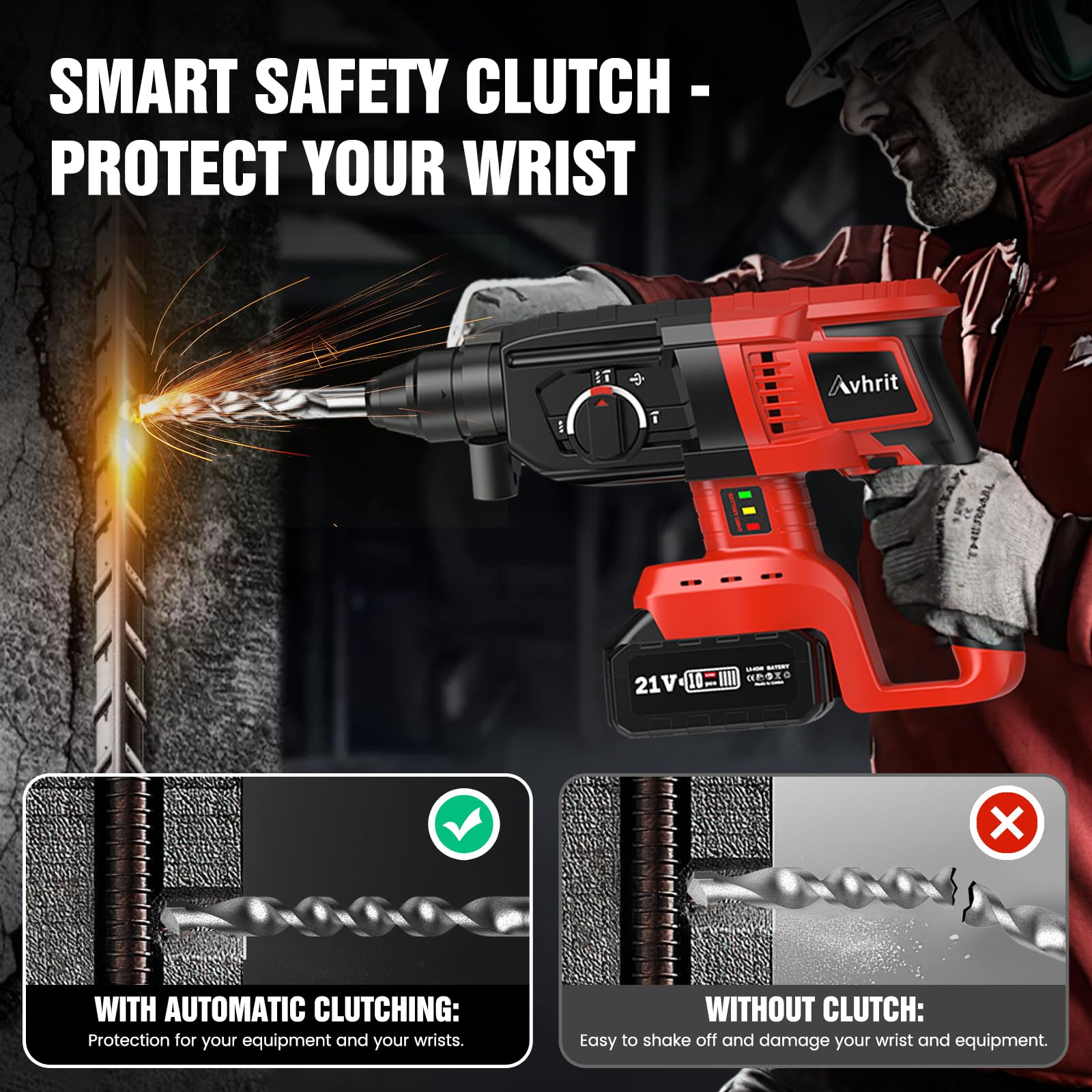 Avhrit 2025 Aktualisierter Akku Bohrhammer, mit 2 Pack Tragbarem Lithium-Akku (21V), Bürstenlosem Motor, 3 Funktionen Akku Schlagbohrschrauber für den Heimgebrauch und Professionelle Bauarbeiten 5