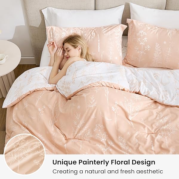 LOVE’S CABIN PINK QUEEN COMFORTER SET – QUEEN SIZE COMFORTER SET, 3 PIECES CUTE FLORAL BEDDING SETS FOR ALL SEASONS,1 SOFT REVERSIBLE BOTANICAL FLOWERS COMFORTER AND 2 PILLOW SHAMS
