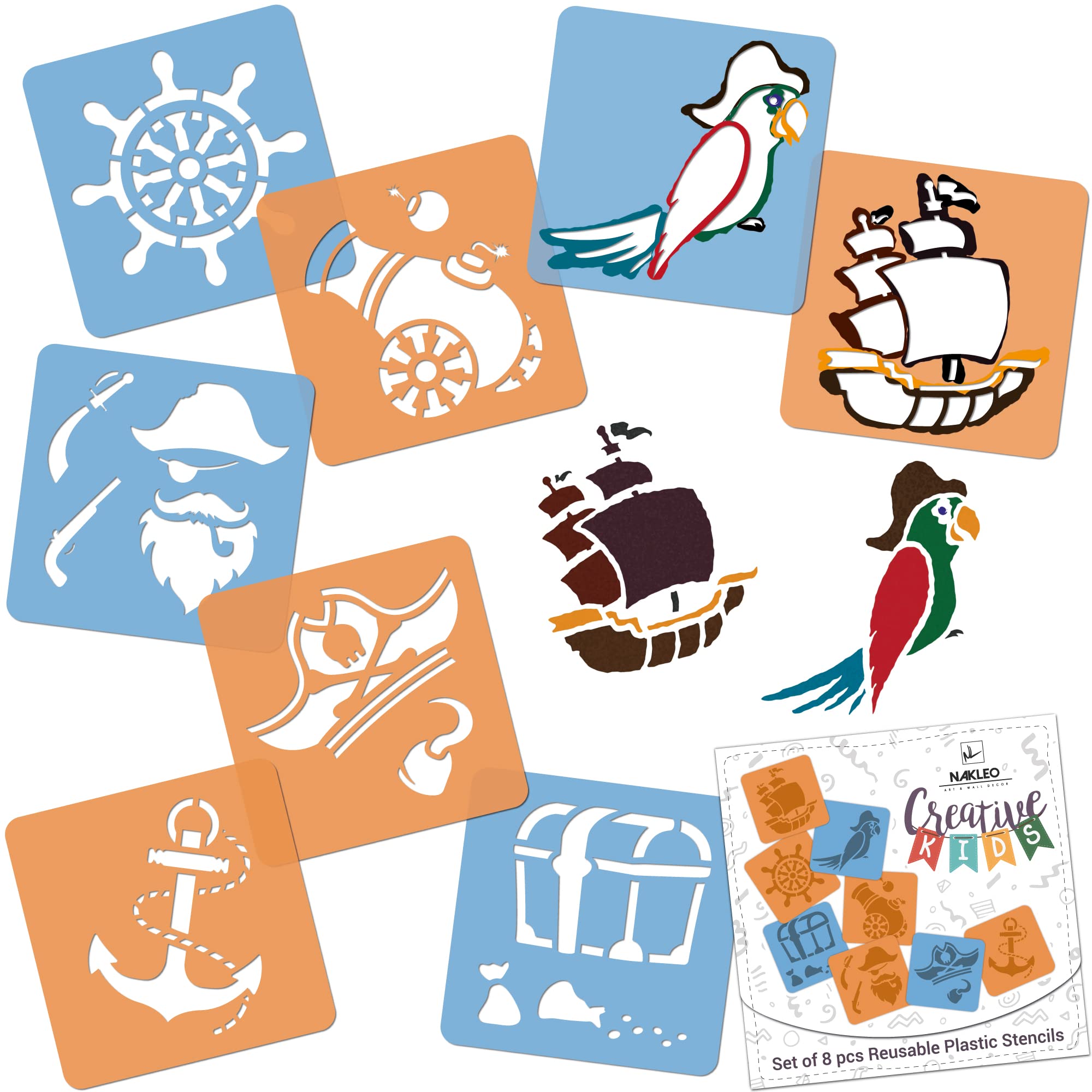 NAKLEO Painting Stencils for Kids, 8 Pcs Set 15x15cm Pirates, Children Creative Drawing Templates Plastic and Reusable, DIY Decoration Arts and Crafts, Paper Wall Wood Fabric