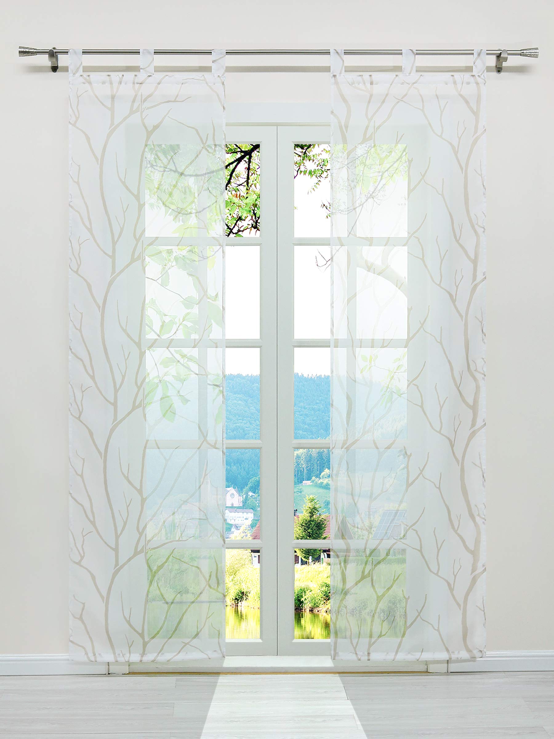 ESLIR Sliding Curtains Set of 2 Panel Curtains with Loops Sliding Curtain Transparent Tab-Top Curtain with Branches Pattern Voile White Sand W x H 57 x 145 cm 2 Pieces