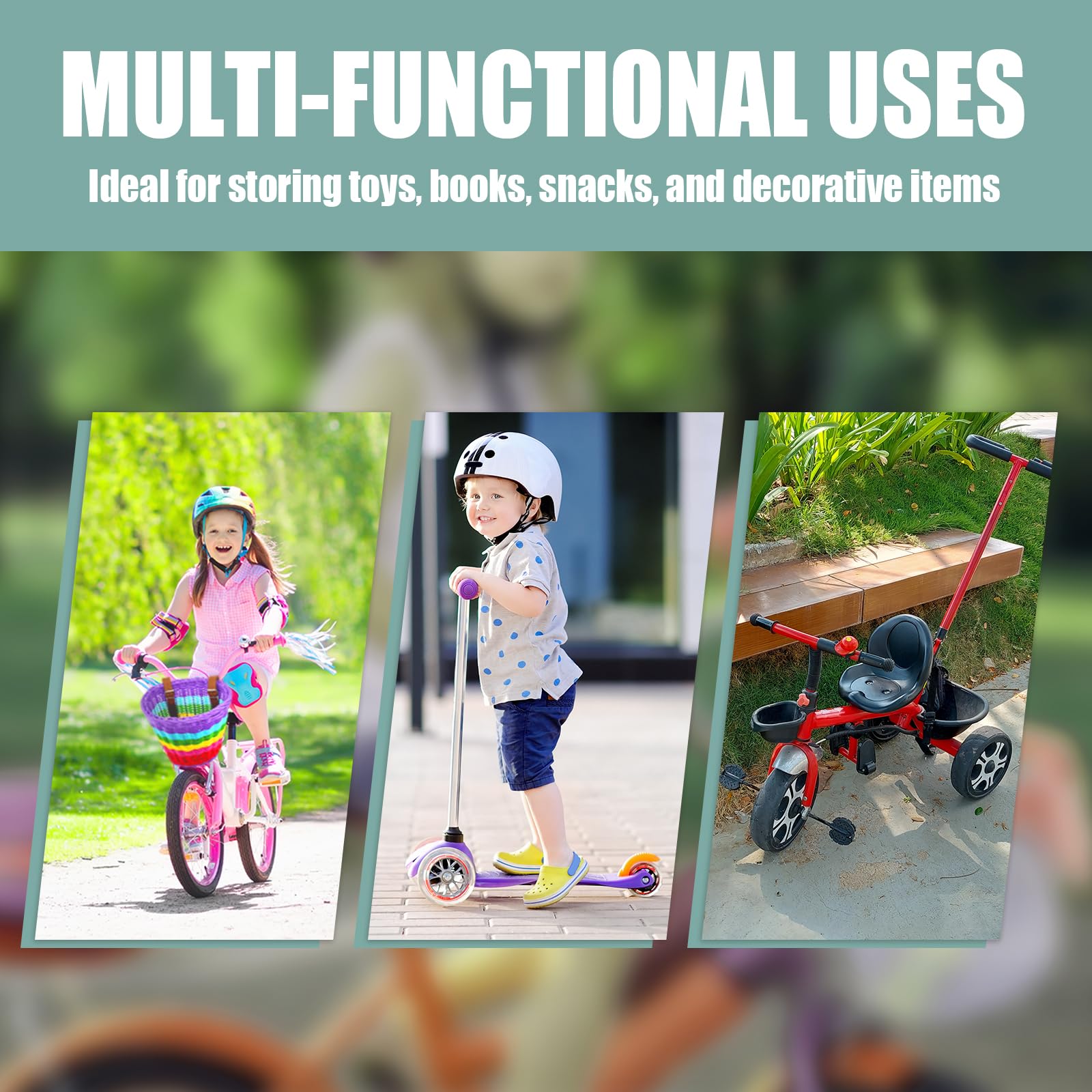 Gify Kids Bike Basket Front, Handwoven Wicker Rainbow Bicycle Basket for Girls, Colorful Large-Capacity Toddler Bike Accessory with 2 Adjustable Leather Straps for Scooters and Tricycles - Purple