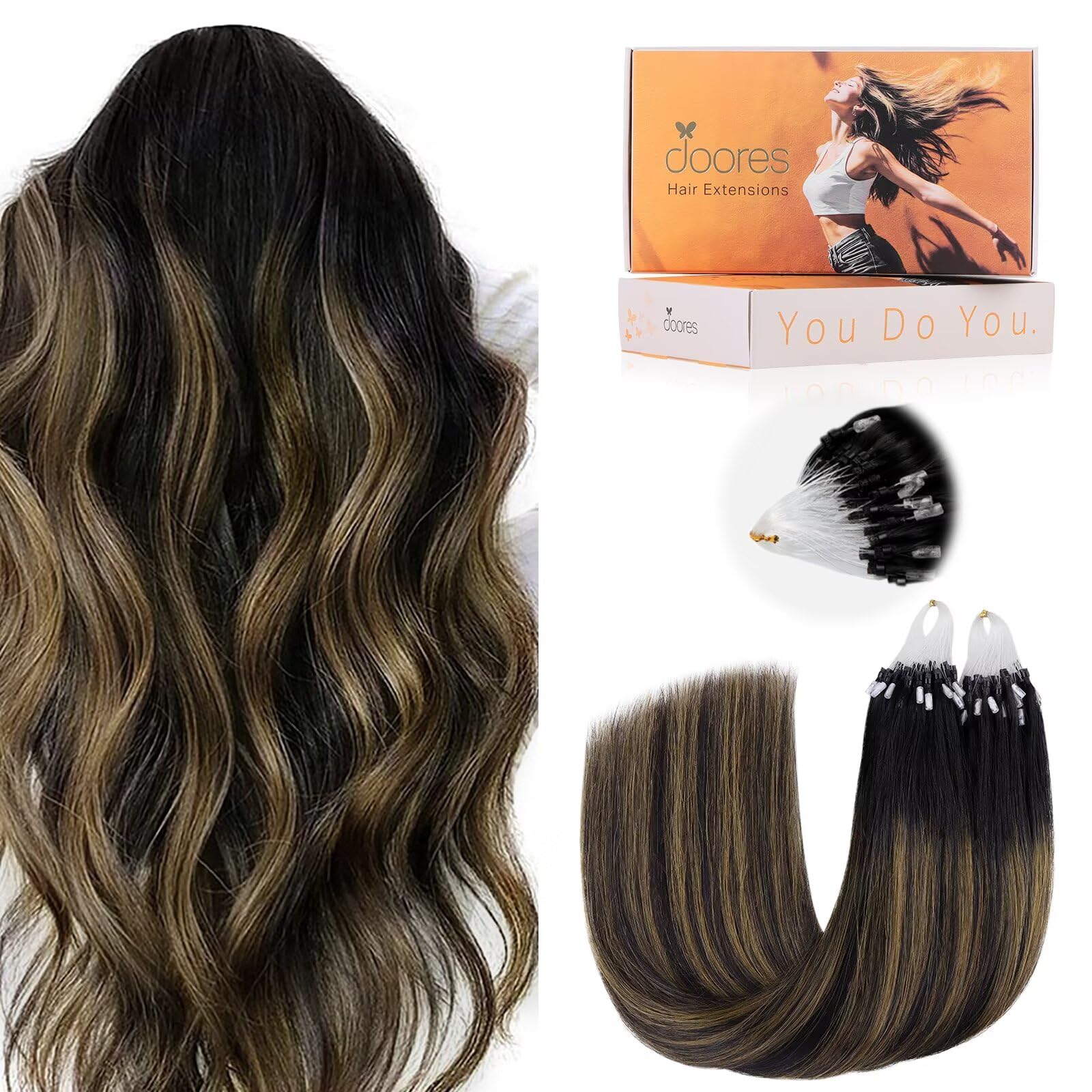 DOORES Micro Beads Hair Extensions, Natural Black Mixed Chestnut Brown 16 Inch 50g 50s, Remy Full Head Micro Hair Extensions Real Human Hair — image 1