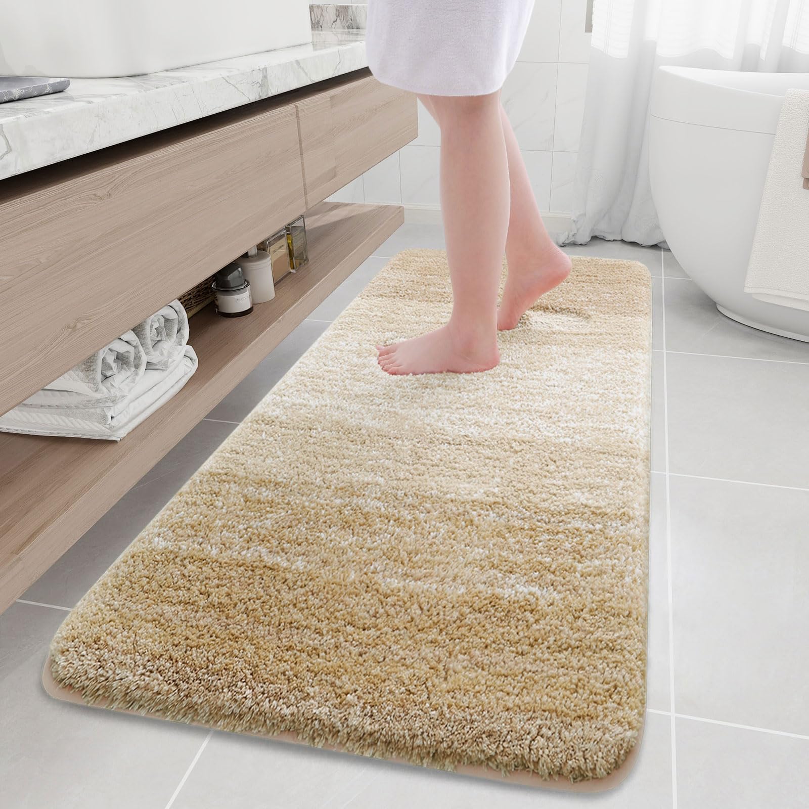 Photo 1 of Arotive Microfiber Bathroom Rugs, Shaggy Soft and Absorbent Bath Rug, Non-Slip, Thick Plush Machine Washable Dry Bath Mats for Bathroom, Tub and Shower, 70x24, Camel