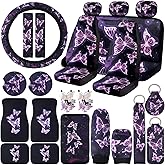 Frienda 24 PCS Butterfly Car Accessories Car Seat Covers Full Set Floor Mats Steering Wheel Cover Seat Belt Pads Center Console Pad Cup Holders for Women(Purple Butterfly Pattern)
