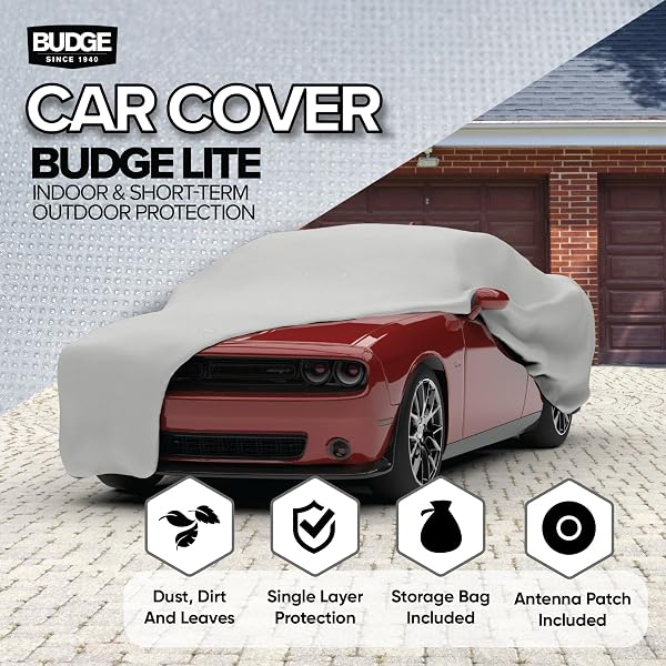 BUDGE LITE CAR COVER, INDOOR PROTECTION, BREATHABLE DUSTPROOF COVER, FITS MID-SIZE SEDANS UP TO 200 INCHES, GRAY, SIZE 3