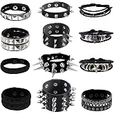 YMO 12 Pieces Spiked Bracelets, Studded Bracelet Emo Bracelets Black Leather Cuff Rivet Gothic Goth Punk Bracelet Punk Accessories for Women Men