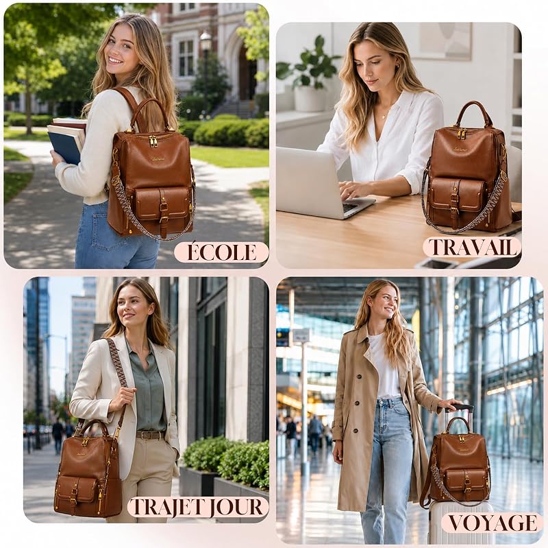 Sac a Dos Femme, Sacs à Main Portés Dos Femme Antivol Léger Backpack Loisirs Casual en Cuir Vegan pour Voyage L'école Travail Université Collège Shopping