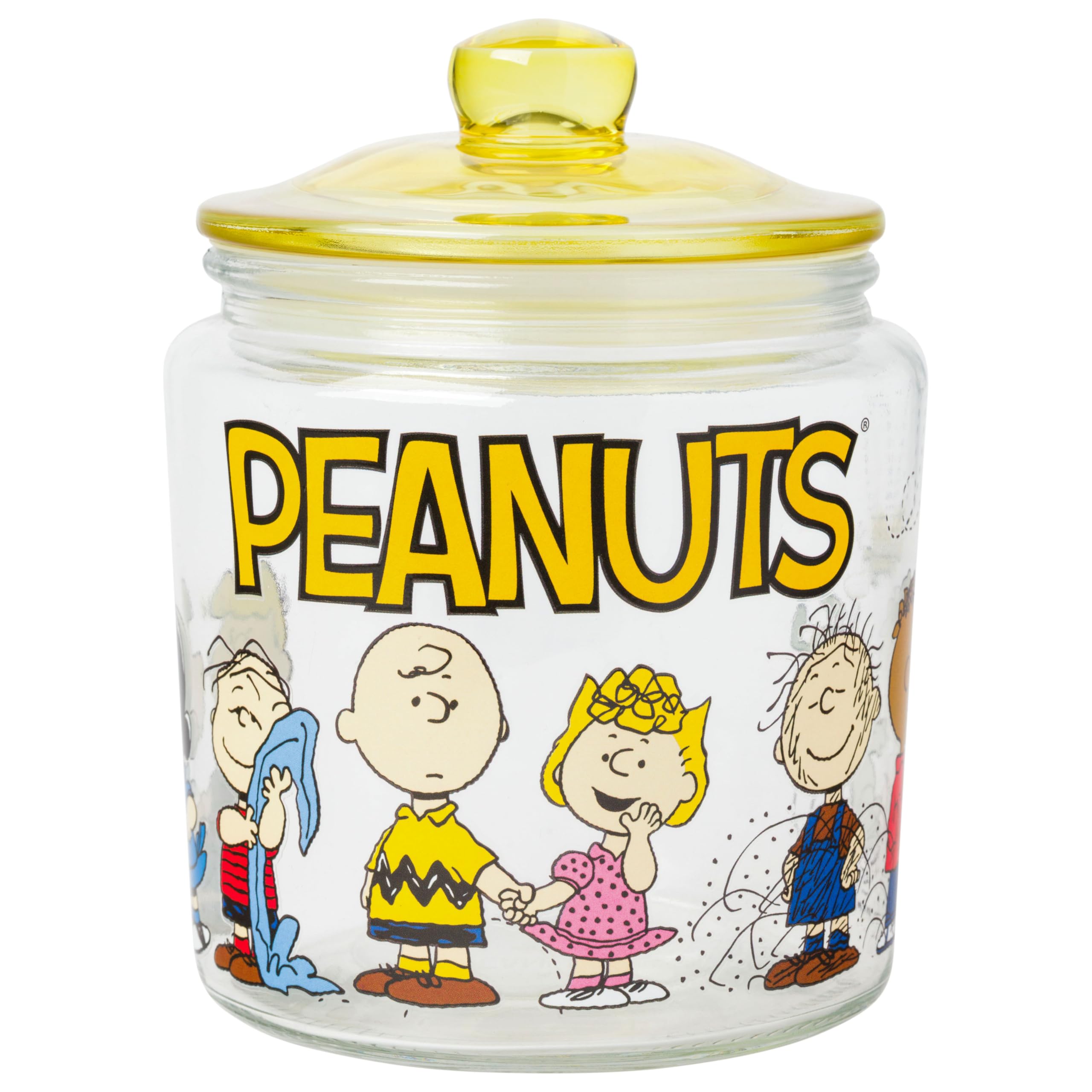 Photo 1 of Silver Buffalo Peanuts Squad Featuring Charlie Brown, Snoopy, Schroeder, Lucy, Linus, Sally, Pigpen, Woodstock, and Franklin Glass Cookie Snack Candy Jar with Lid (Small)