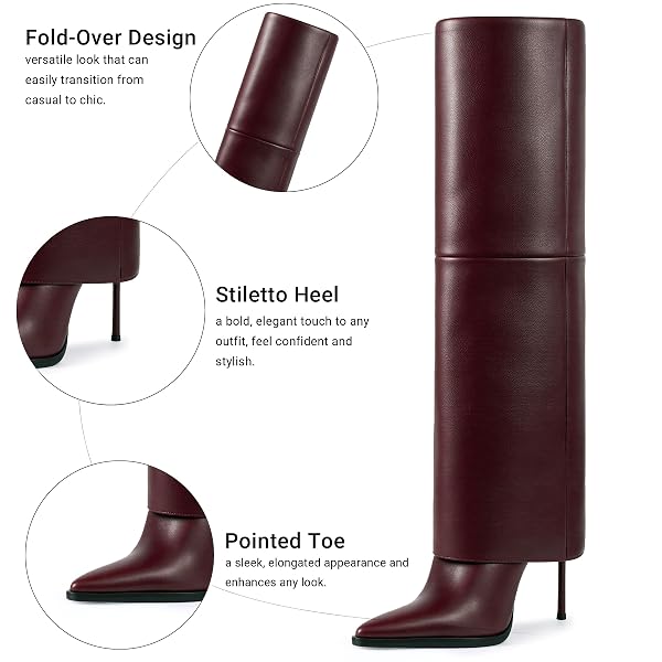 KARONAIRY WOMEN’S KNEE HIGH BOOTS, FOLD OVER TALL HIGH HEEL BOOTS STILETTO POINTED TOE FASHION DRESS BOOTS FOR FALL WINTER BURGUNDY