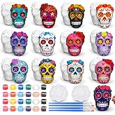 Eersida 12 Set Halloween Skull Ceramic Figure DIY Sugar Skull Kit Unpainted | Day of The Dead Decorations, White Gypsum Skulls to Paint Craft Kit, Día De Los Muertos Party Favor, with Paint Brush Palette
