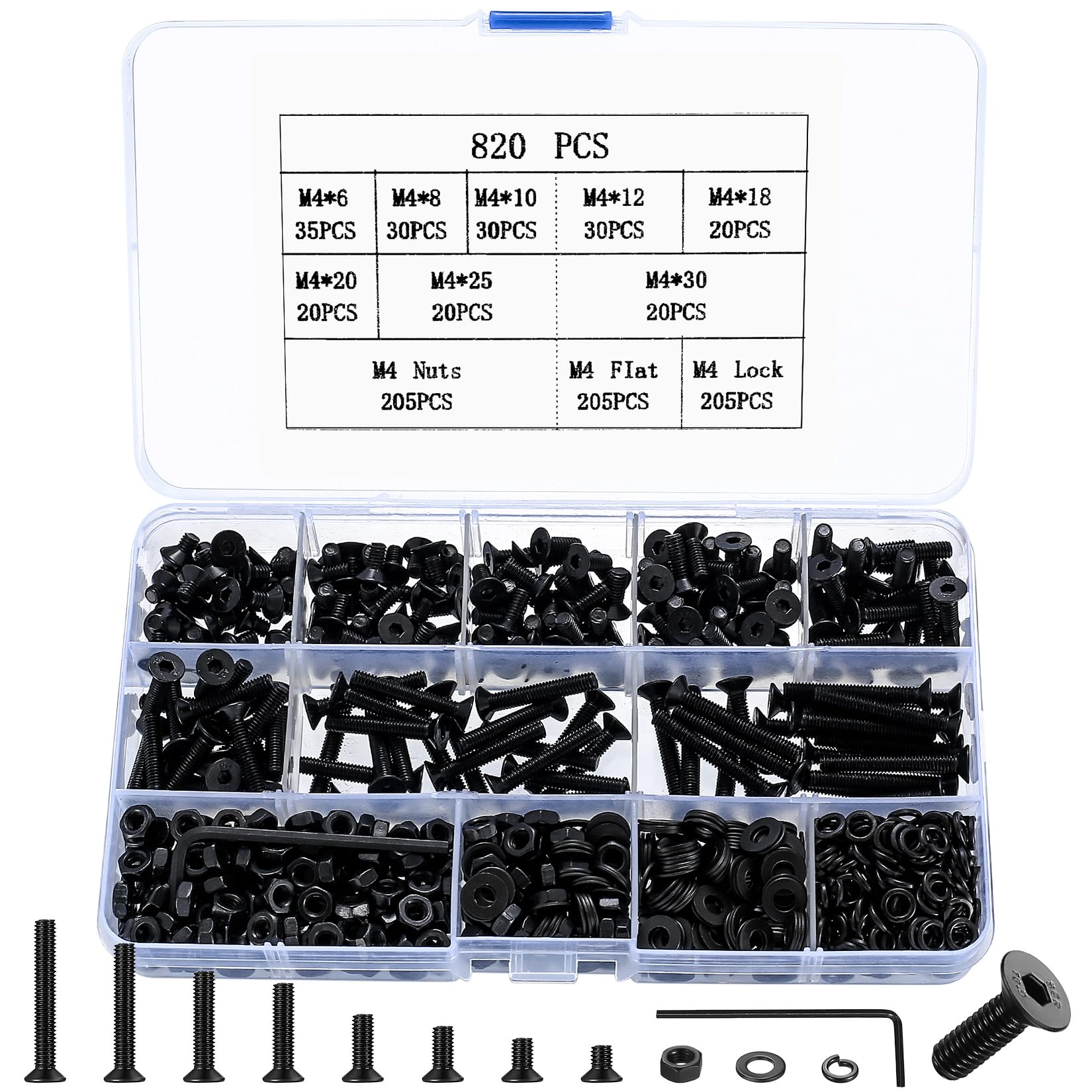 820 Pcs M4 Bolts and Nuts Set, Countersunk Machine Screws, Lock & Spring Washers Assortment, Flat Head Hex Socket Head Cap Screws Set, Black
