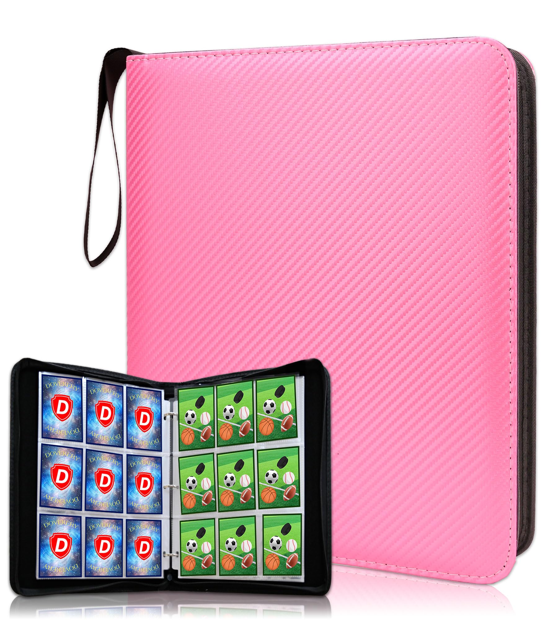 DOVEKERY Trading Card Binder 9 Pocket, 1080 Cards Collection Folder with 60 Sleeves, Zipper Card Organizer Album for Baseball, Football, Basketball Card, Pink