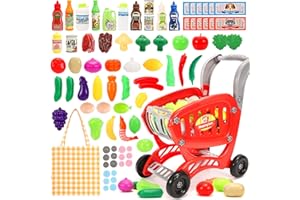 Tagitary Shopping Cart Toy for Kids,82 PCS Toddler Play Grocery Cart with Shopping Bag,Included Plastic Play Food Veggies, Play Money Cash and Coins, Learning Toys Play Kitchen Accessories for Kids