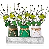 St Patricks Day Table Decor, Centerpieces for Tables, St Patrick's Day Decor with Mason Jar, Farmhouse Wood Tray, Shamrock Artificial Flowers Picks, 10 Pcs St. Patrick's Day Decorations for Table