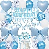 Blue Bow Birthday Decorations, Happy Birthday Banner Garland and Hanging Swirls, 28Pcs Balloons, Cake Toppers, Bow Themed Party Decorations for Girls Women