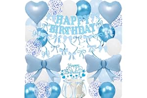 DOUVELUE Blue Bow Birthday Decorations, Happy Birthday Banner Garland and Hanging Swirls, 28Pcs Balloons, Cake Toppers, Bow Themed Party Decorations for Girls Women