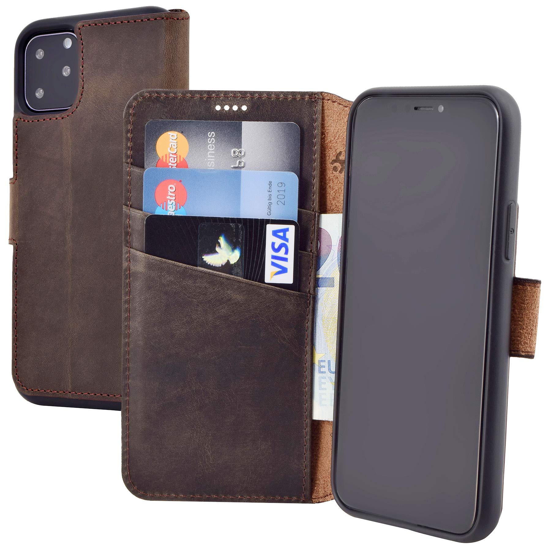 Suncase Book-style case compatible with iPhone 11 Pro Max (6.5 inch) leather case (slim fit) leather mobile phone case protective case with 3 card slots in antique brown