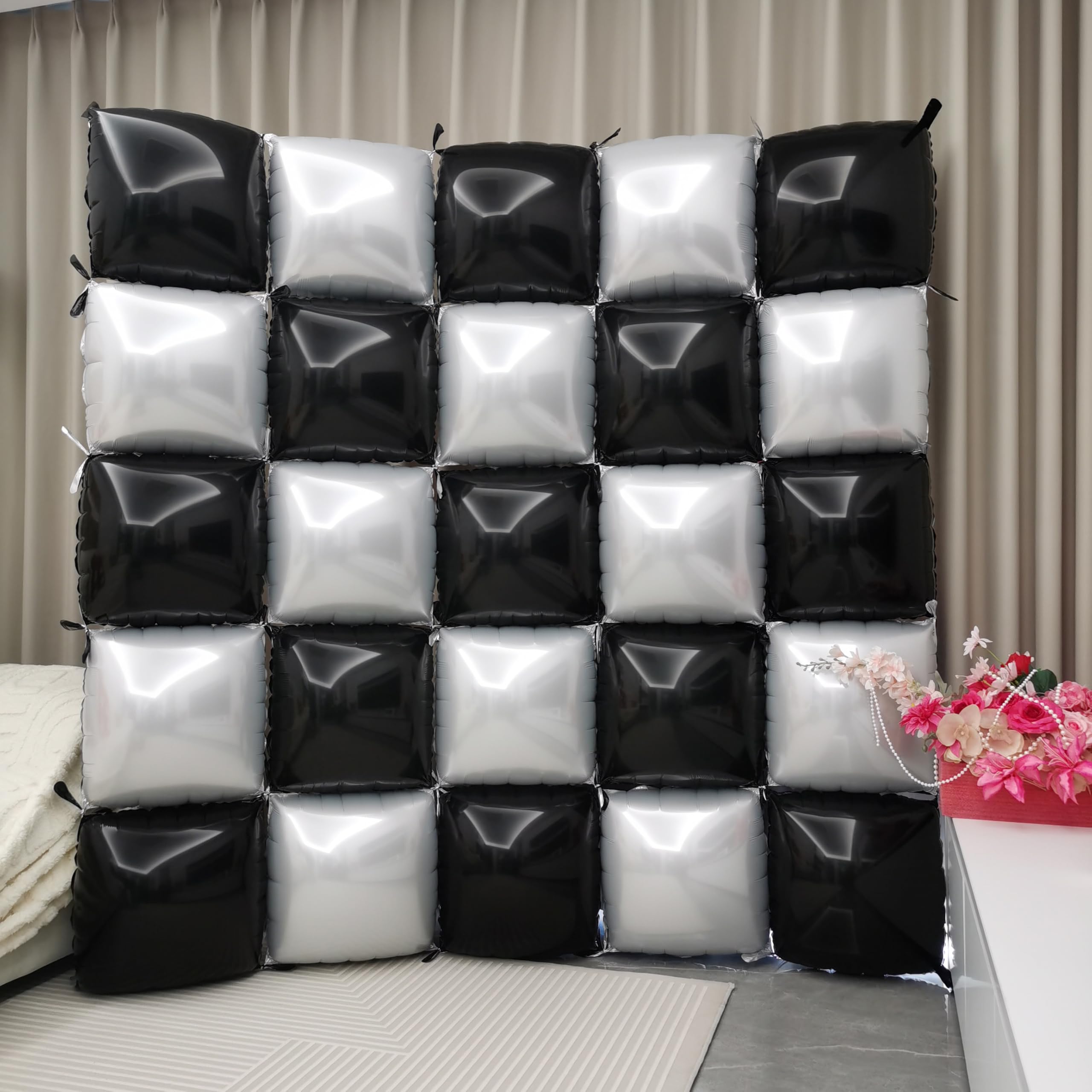 Photo 1 of ?50pcs?Black and White Balloons Prom Decorations Wall Backdrop Decorations Wedding Double Sided Bachelorette Mylar Checkered Square Foil Balloons Arch Kit