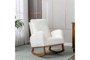 Antetek Modern Accent Rocking Chair, Upholstered Nursery Glider Rocker for Baby and Kids, Comfy Armchair with Side Pocket, Living Room Lounge Arm Chair with High Backrest (White)