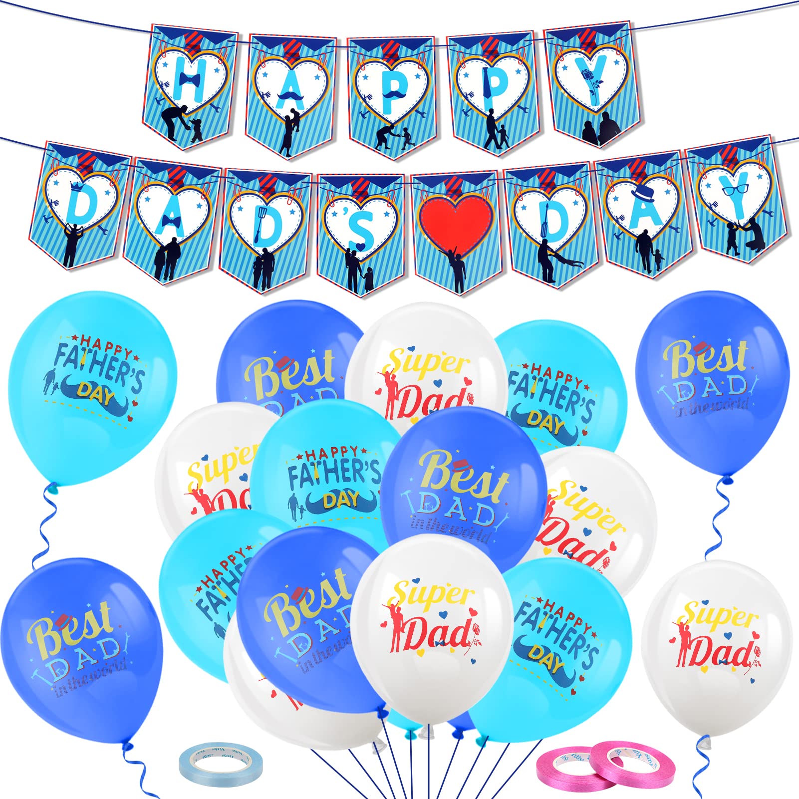 HOWAF 19 Pcs Happy Father's Day Balloons Decorations, Blue Happy Dads Day Banner Father's Day Latex Balloons for Dad Birthday Party Father's Day Decorations Best Dad Ever Super Dad Party Supplies