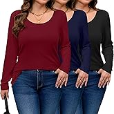 Ficerd 3 Pack Plus Size Women Tops Long Sleeve Scoop Neck T Shirts U Neck Casual Basic Loose Fit Tunic Tops for Leggings