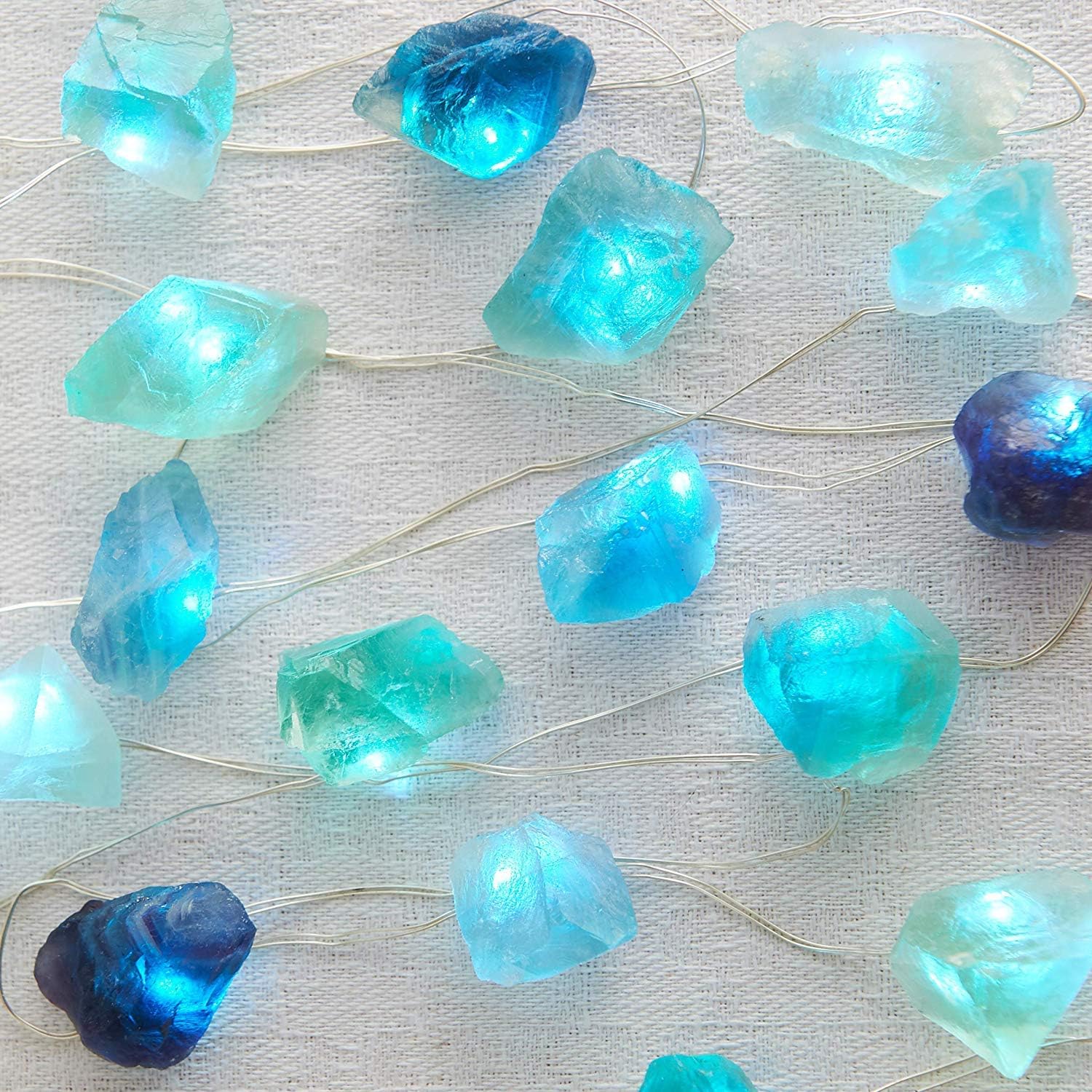 XIWU Natural Fluorite String Lights 6.5ft 20 LEDs Battery Operated with Remote Control Sea Glass Raw Stones Decorative Lights for Bedroom Party Indoor Anniversary Wedding Decor