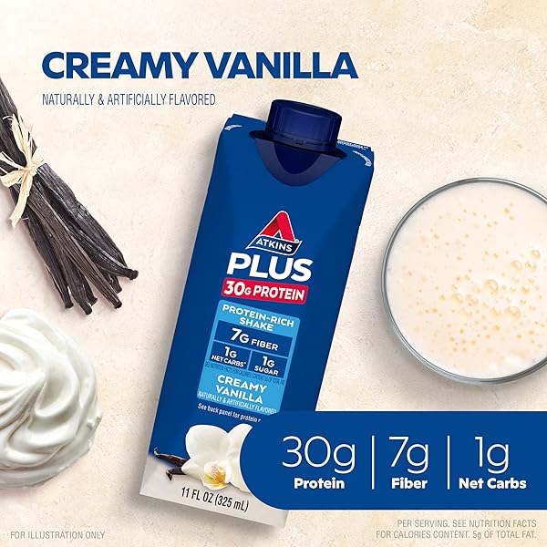 ATKINS CREAMY VANILLA PLUS PROTEIN SHAKE, 30G PROTEIN, 7G FIBER, 1G NET CARB, 1G SUGAR, KETO FRIENDLY, LOW CARB, HIGH PROTEIN DRINK, 12 COUNT