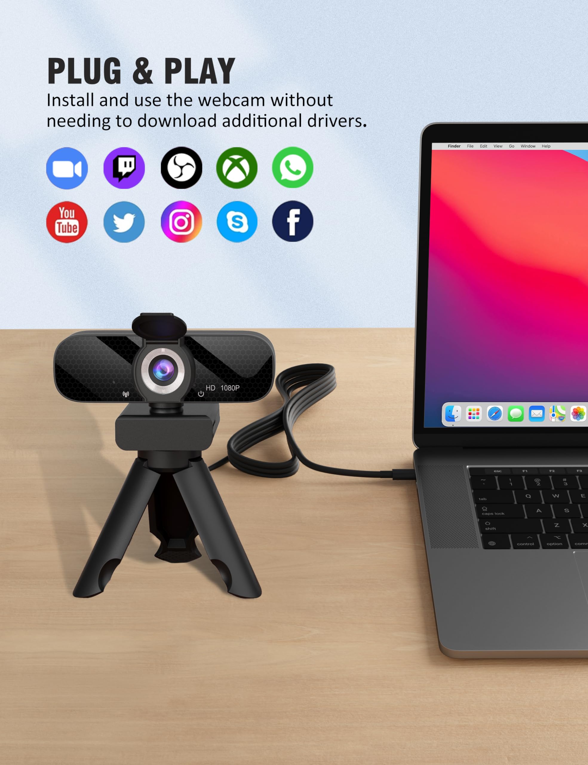 Gohero Full HD 1080P Video Webcam and Wide Angle Camera with Built-in Microphone and Rotatable Tripod,for Laptop Computer or Desktop PC,Great for Live Streaming.Calls.Video Conferencing(Black)-1