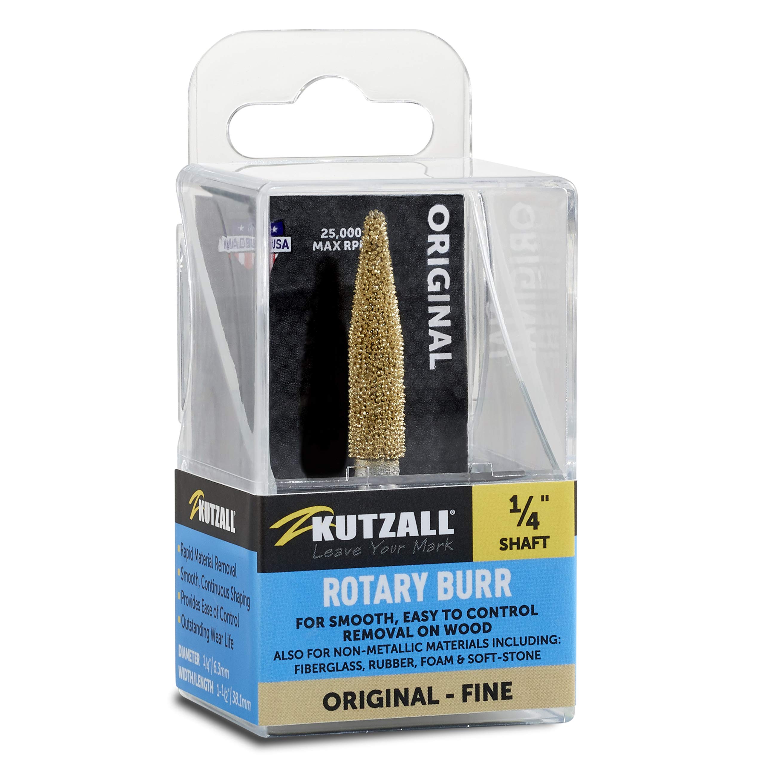 Kutzall Original Taper Rotary Burr, 1⁄4" Shaft, Fine - Woodworking Attachment for Bosch, DeWalt, Milwaukee, Makita. Abrasive Tungsten Carbide, 1⁄4" (6.3mm) Head Dia. X 1-1⁄2" (38.1mm) Length, T-14G — image 1