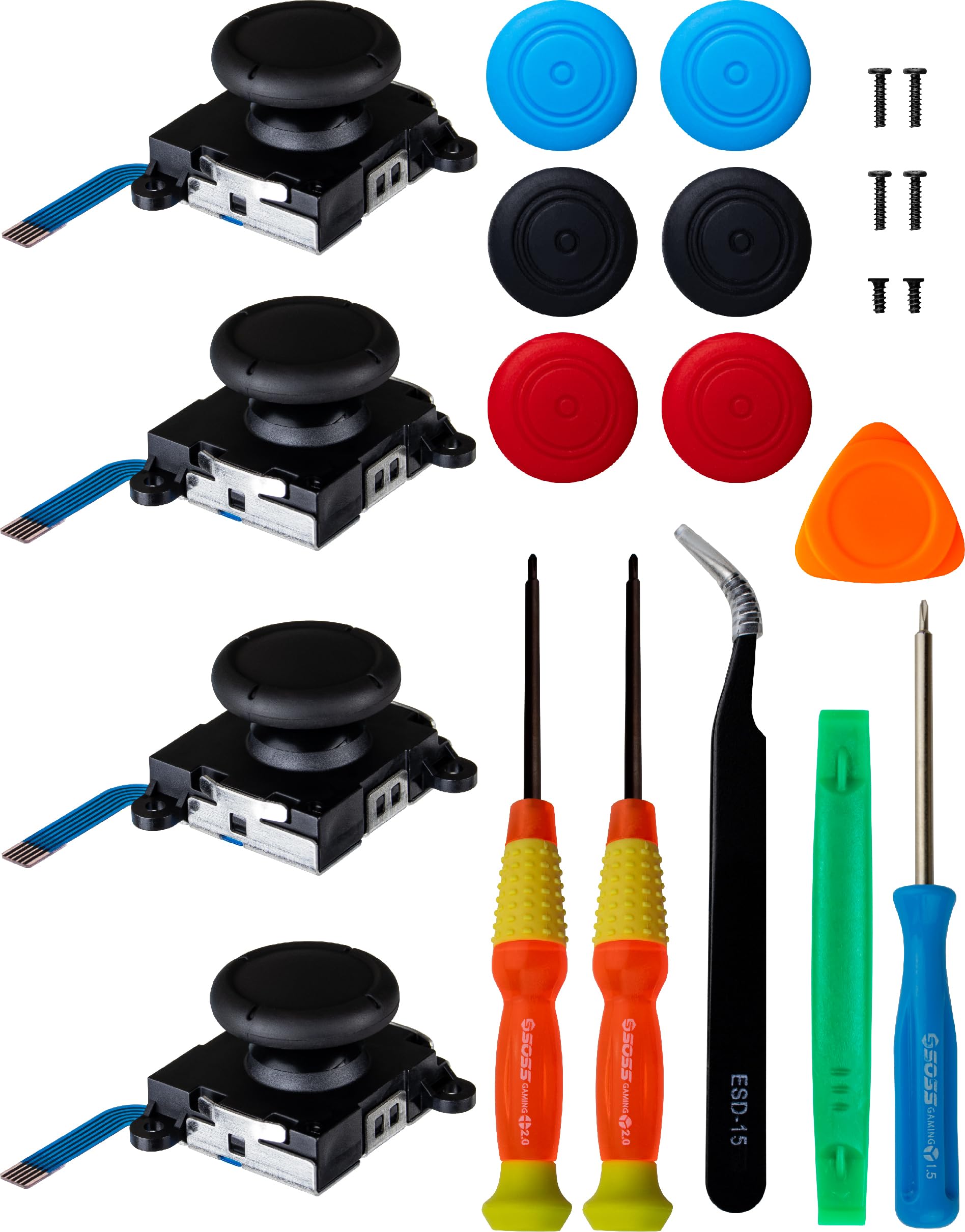 SOSS GAMING® 2024 4-Pack Joystick Thumbstick Replacement Kit for all Nintendo Switch and Switch Lite Controllers - Fix & Repair Your Analog Joy-Con Thumb Stick with all Necessary Tools Included (4)
