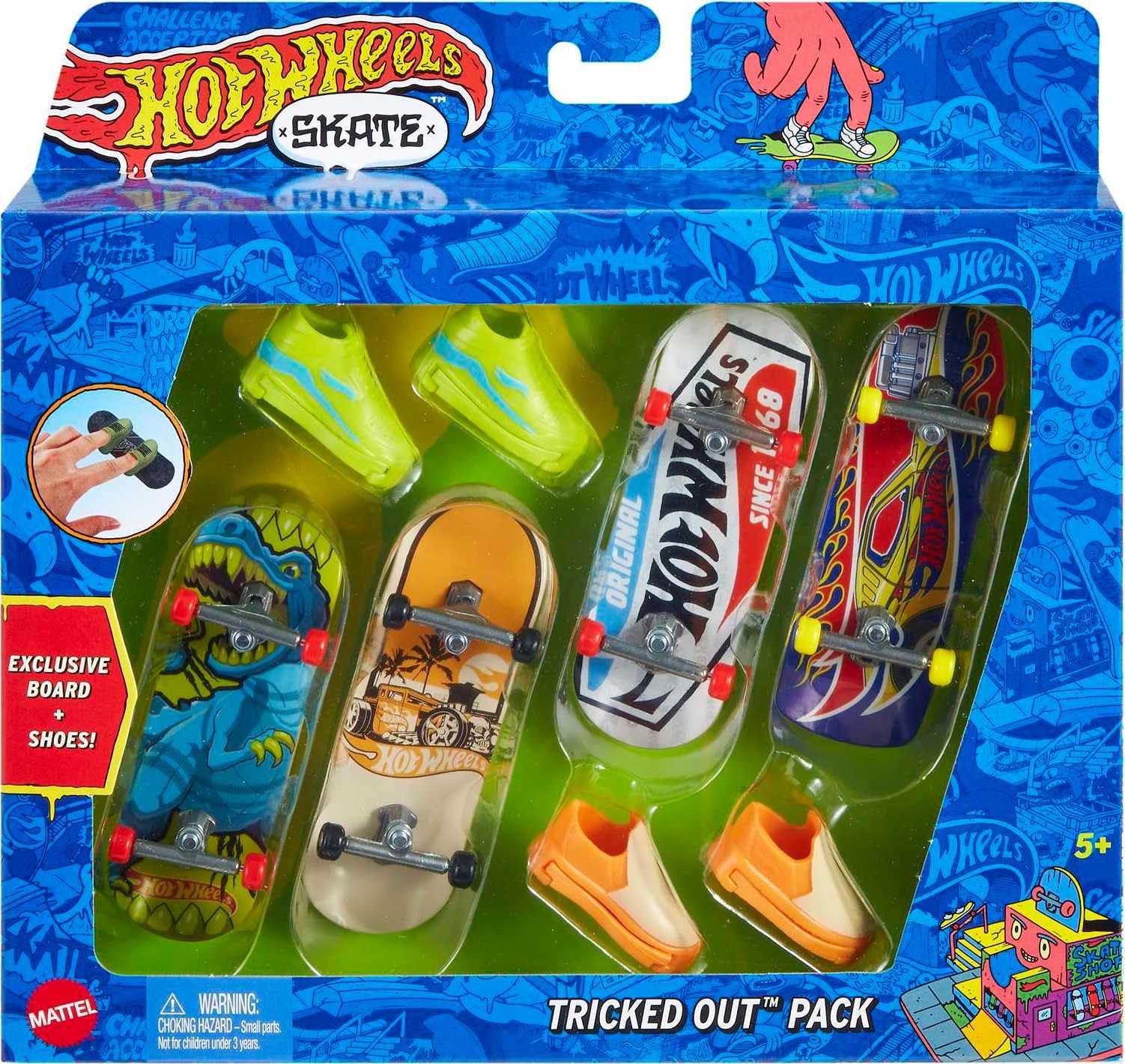 Hot Wheels Skate Tony Hawk Fingerboard & Removable Skate Shoes Multipack, 4 Fully Assembled Boards, 2 Pairs of Skate Shoes, 1 Exclusive Set (Styles May Vary), HNG72