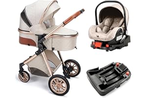 WISESONLE Luxurious Baby Stroller with Infant Carrier, Baby Carriage with Detachable Bassinet for Newborns, 2 Way Facing, Multifunction (B-Beige(with Base))