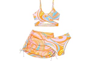 AGAPENG Girls Swimsuits 3 Piece Bathing Suit Allover Printed Criss Cross Bikini Set with Cover Up Skirt Beach Swimwear 7-14 Years