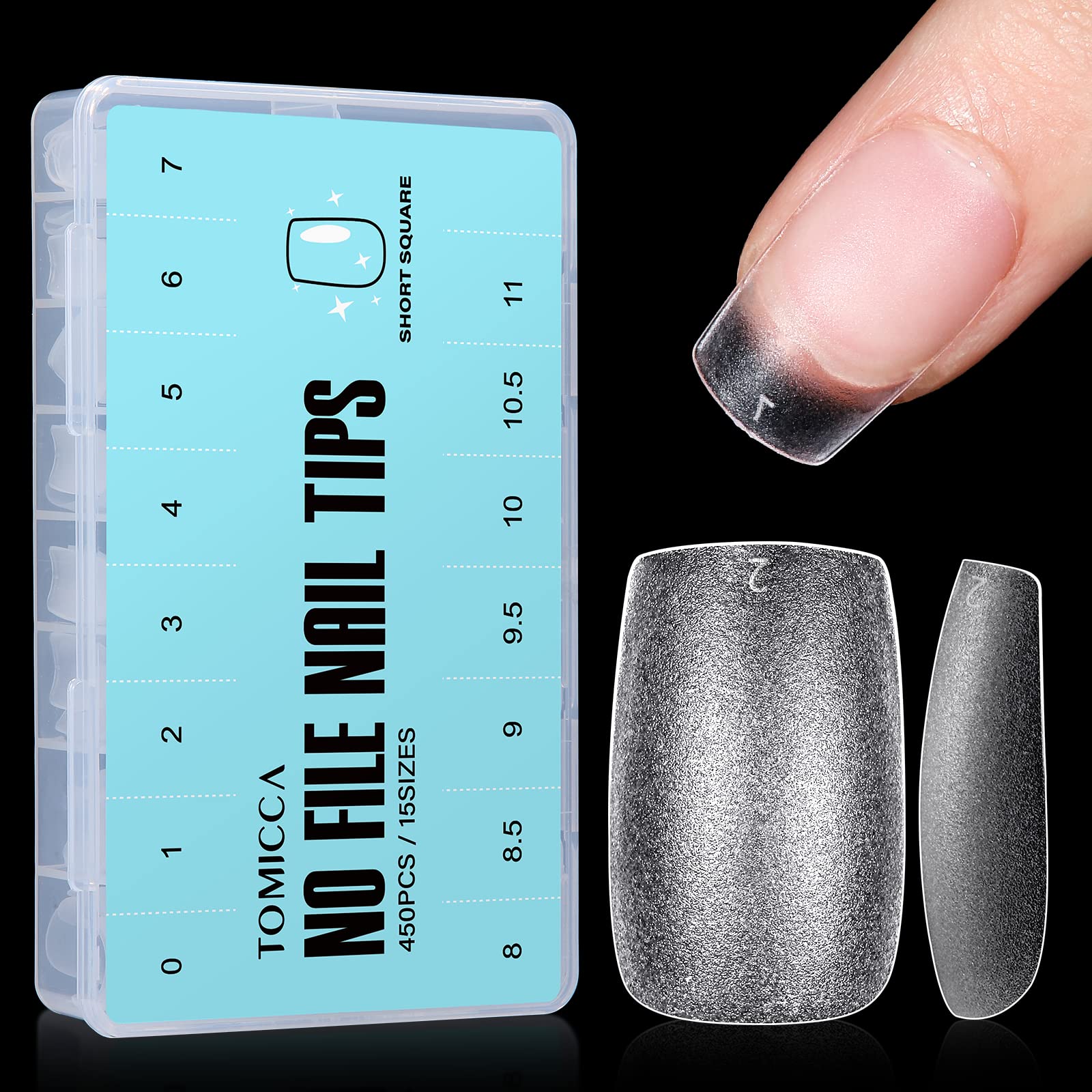 TOMICCA Short Square Nail Tips - 450Pcs Soft Gel Nail Tips Square Shaped Full Cover Nails Pre Etched for Extensions, Matte Break Resistant Strong False Nails for Salon and Home DIY, 15 Sizes