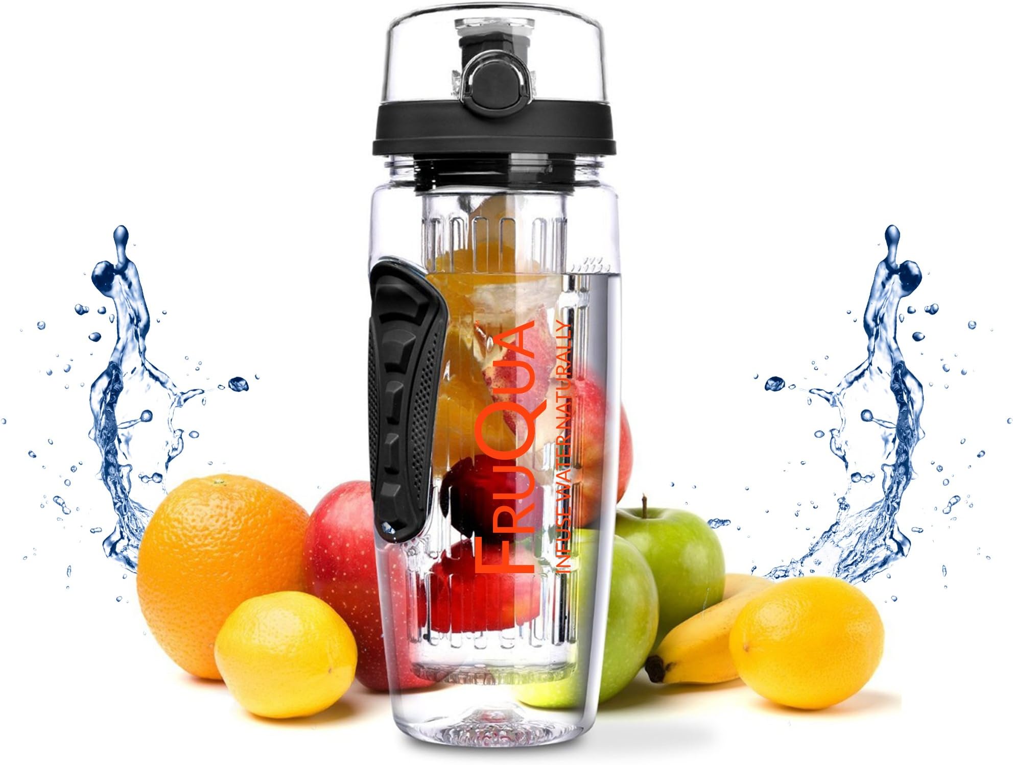 FruQua Fruit Infuser Water Bottle 900ml/32oz, BPA-Free, Shatter-Resistant and Impact-Resistant, Ideal for Your Office and Home (Black)