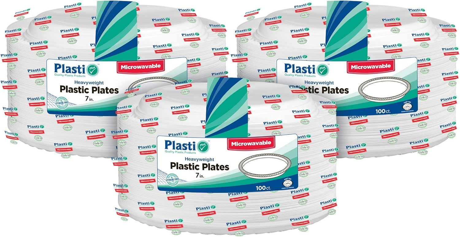[300 Count] Plasti Plus Disposable Plastic White 7 Inch Heavy Weight Plates, Great For Weddings, Home, Office, School, Party, Picnics, Take-out, Fast Food, Outdoor, Events, Or Every Day Use,