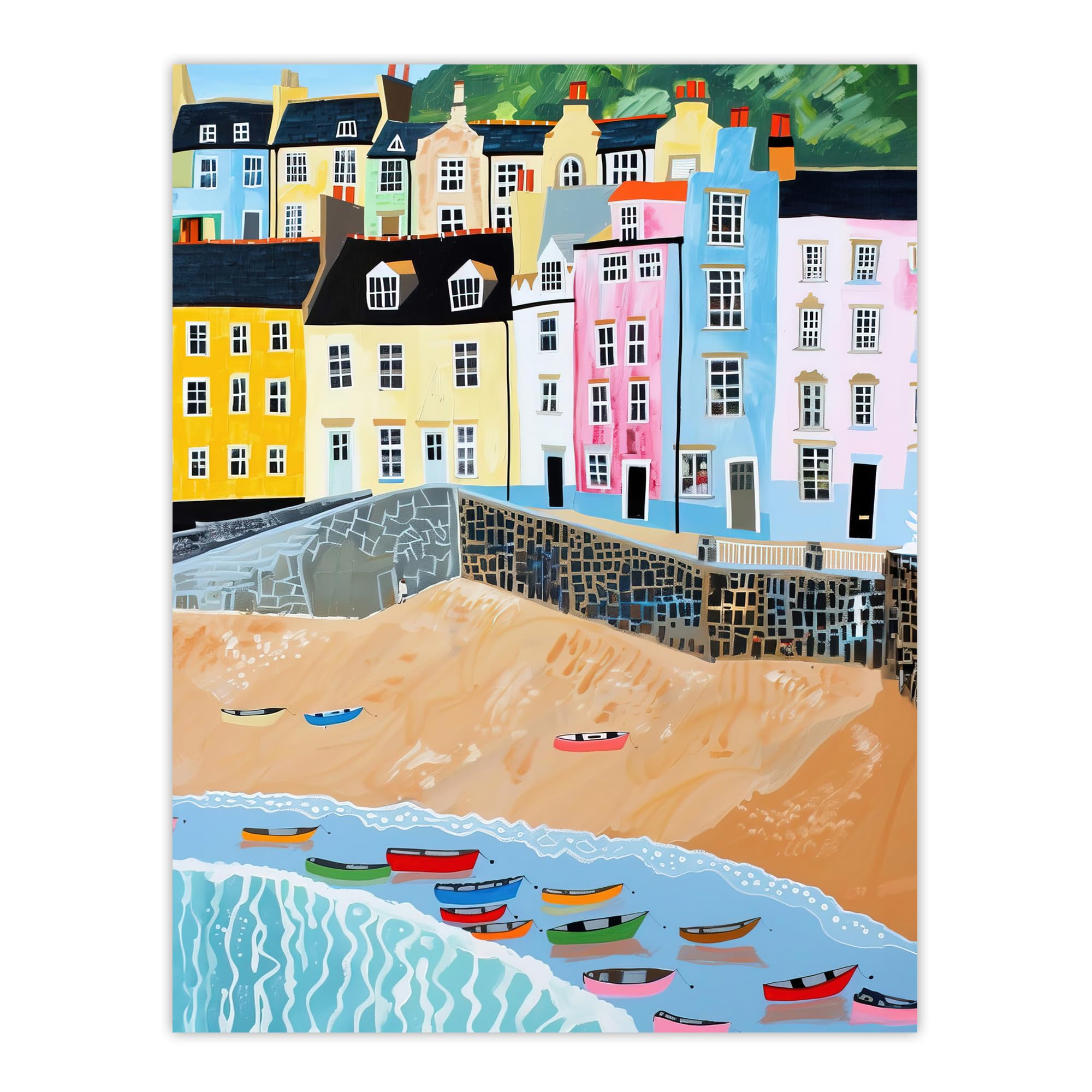 Artery8 Tenby Beach Harbour Colourful Coastal Townscape Living Room Extra Large XL Wall Art Poster Print