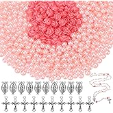 Yinkin 610 Pcs Rosary Pearl Beads Carved Rose Cross Centerpiece Crucifix Medal, Rosary Making Supplies Silver Jesus Maria Pendant for Bracelet Necklace Jewelry(Pink)